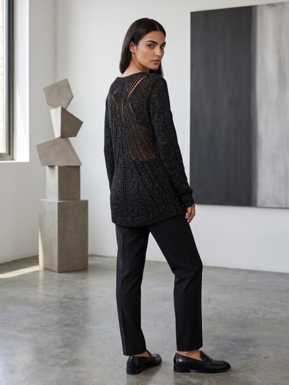 Elan Hi Lo Metallic Sweater With Open Knit Back NEW!
